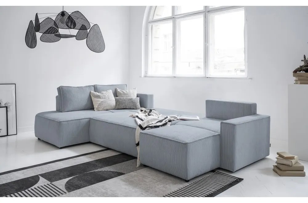 Светлосив разтегателен ъглов диван от рипсено кадифе (ляв ъгъл/"U" форма) Brave Dave – Miuform