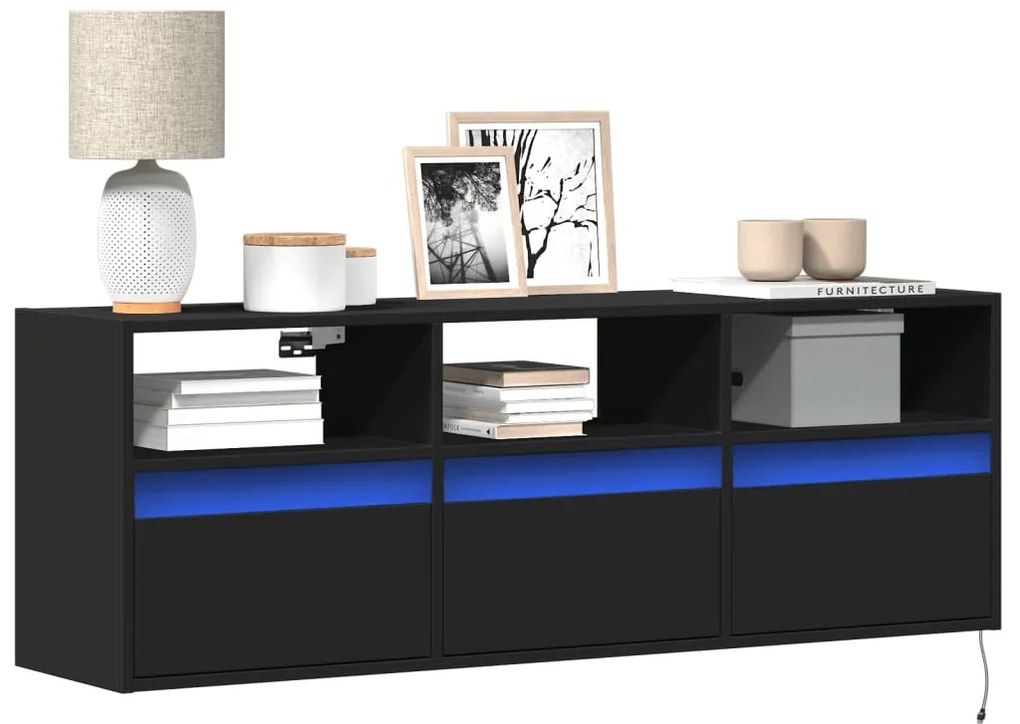 852342 vidaXL Стенен ТВ шкаф с LED осветление, черен, 130x31x45 см