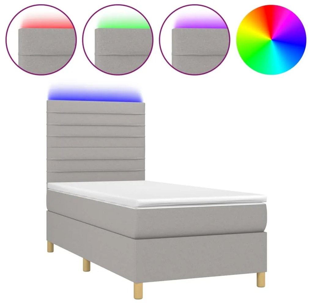 3135493 vidaXL Боксспринг легло с матрак и LED, светлосиво, 100x200 см, плат