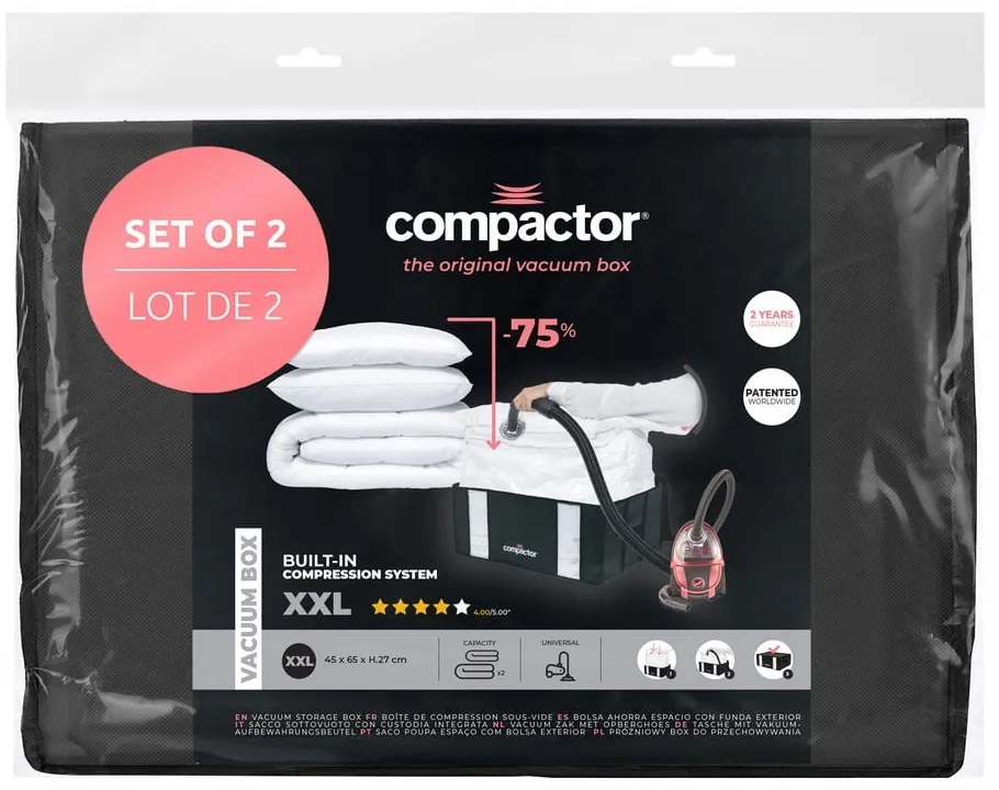 Вакуумни подсилени текстилни кутии за съхранение на дрехи в комплект 2 бр. 65x45x27 cm Black Edition – Compactor