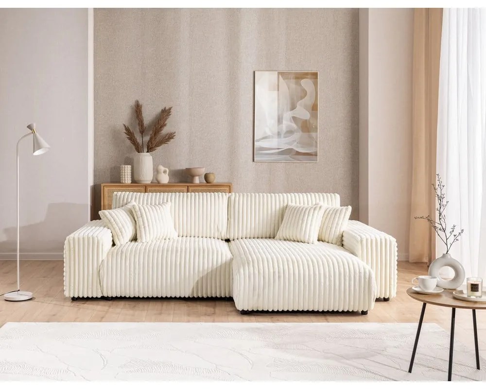 Кремав разтегателен ъглов диван от рипсено кадифе с място за съхранение (десен ъгъл) Sarina – Ropez