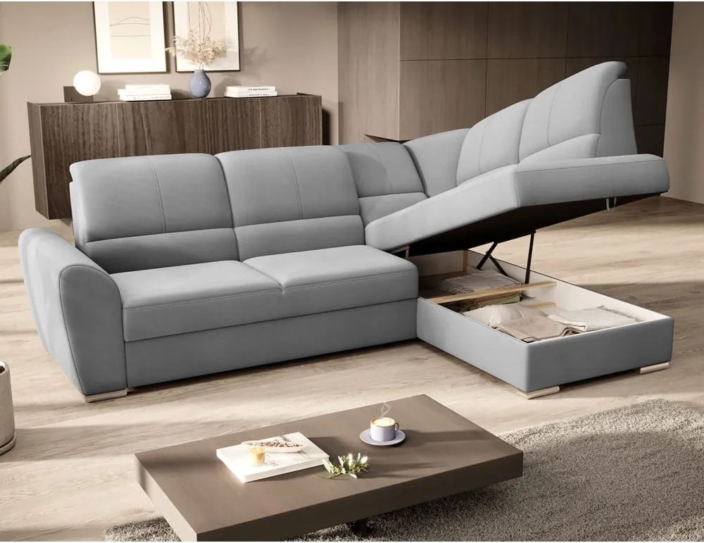 Сив кадифен разтегателен ъглов диван с място за съхранение (десен ъгъл L форма) Siber – ELTAP