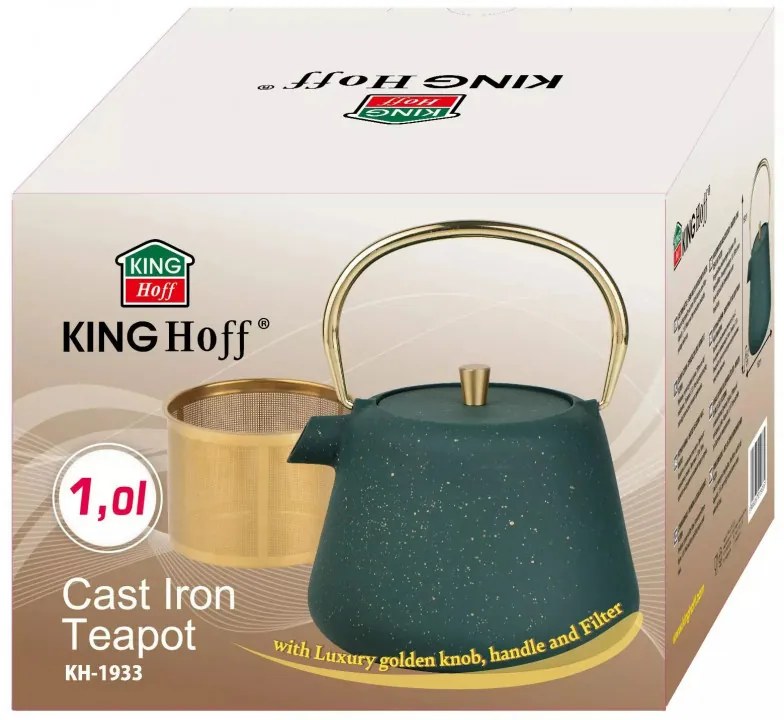 Чайник с инфузер Kinghoff KH 1933, 1 л, Профилиран чучур, Чугун, Емайлирана вътрещност, Зелен