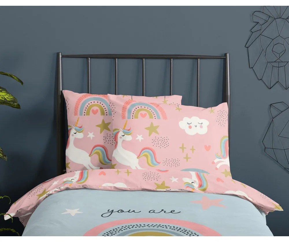 Синьо -розово единично памучно детско спално бельо 140x200 cm Suus – Good Morning