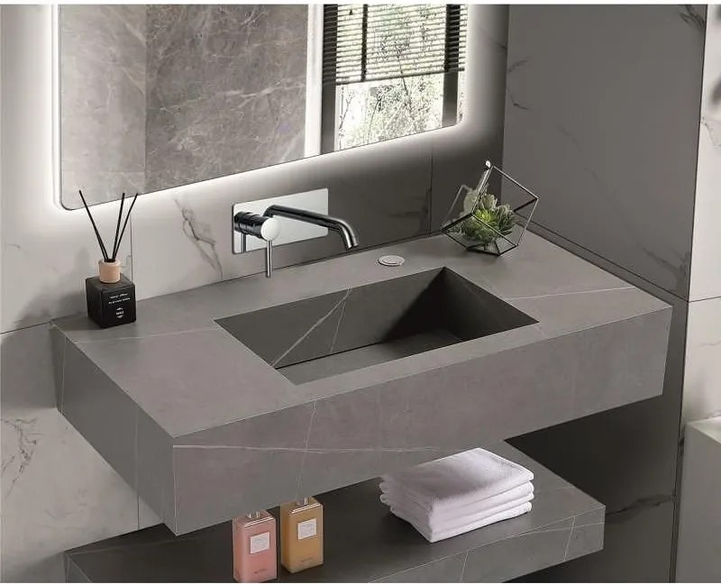 Мивка за баня PIETRA ICL 12049/100G БЕЗ ОТВОР, стенен монтаж, кварц, сив мат, 100x50x18см