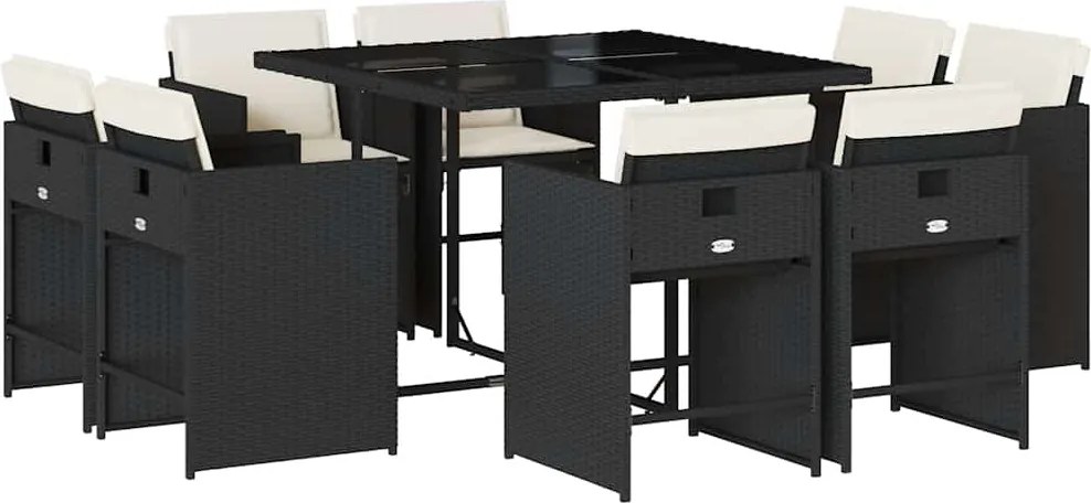 3211194 vidaXL Градински трапезен комплект възглавници 9 части черен полиратан