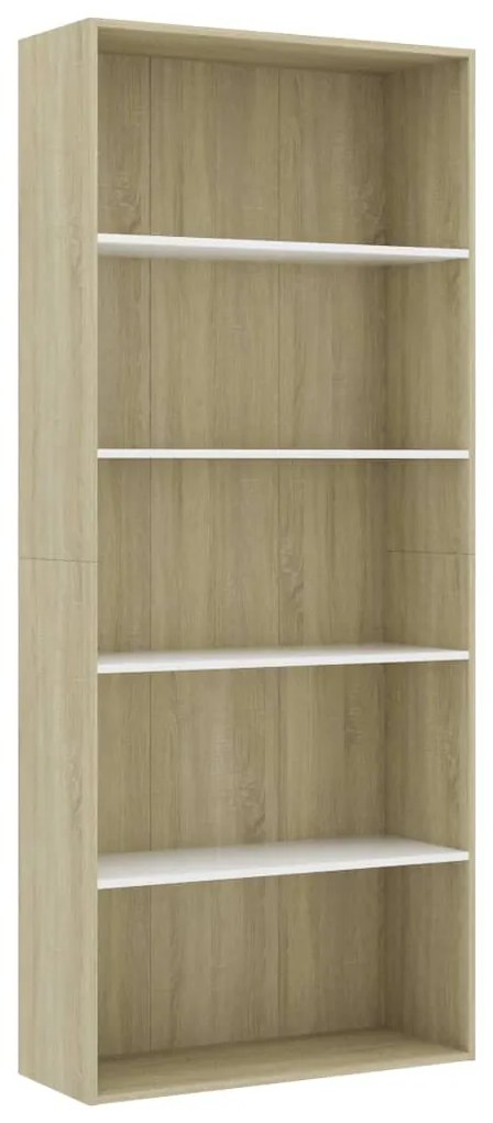 801031 vidaXL 5-етажна библиотека, бяло и дъб сонома, 80x30x189 см
