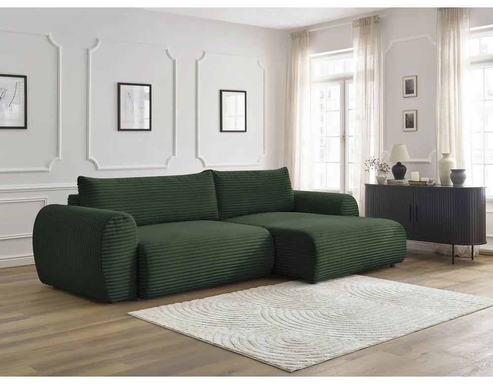 Тъмнозелен разтегателен ъглов диван от рипсено кадифе (десен ъгъл) Lucien – Bobochic Paris