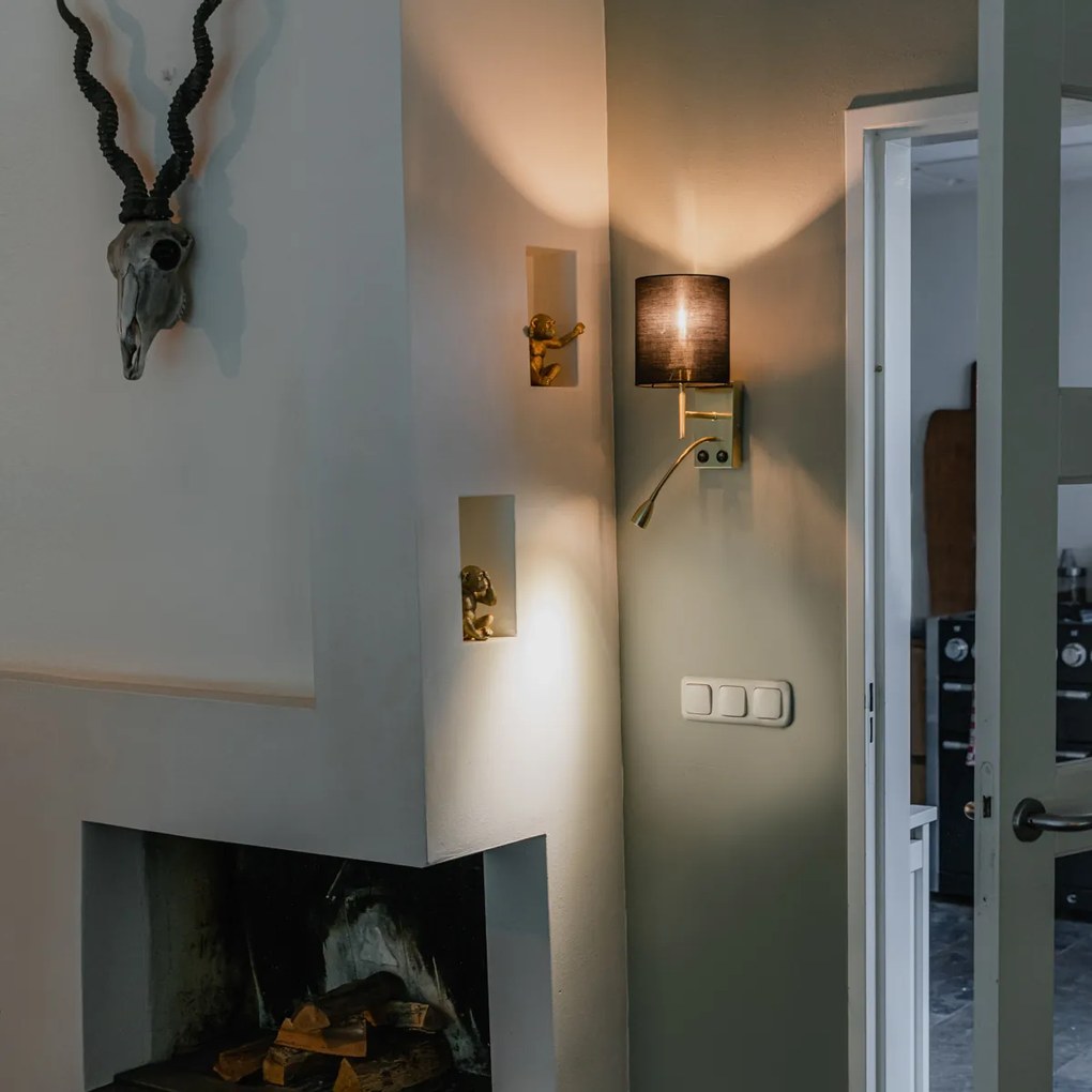 Арт Деко стенна лампа черна с черен памучен абажур - Stacca