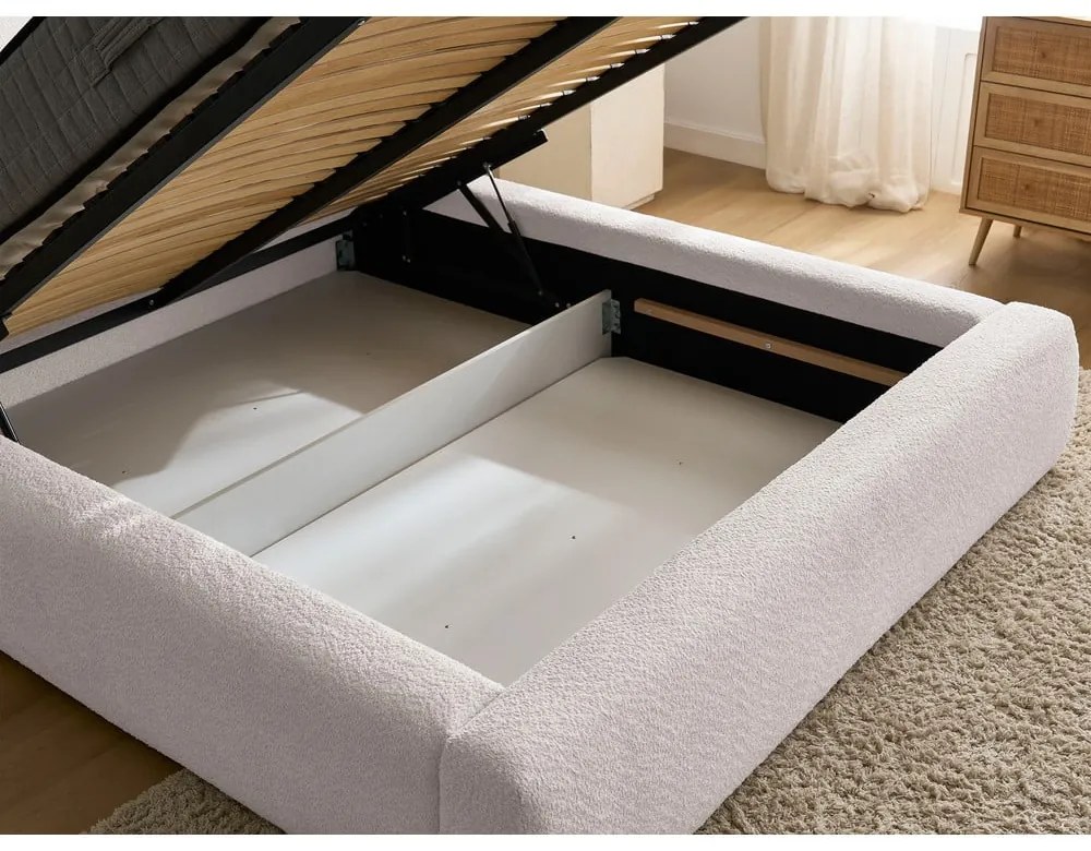 Бяло тапицирано двойно легло с място за съхранение с включена подматрачна рамка 140x190 cm Orlane – Bobochic Paris