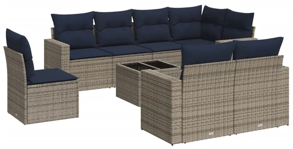 3251588 vidaXL Градински диван с възглавници, 9 части, полиратан, сив