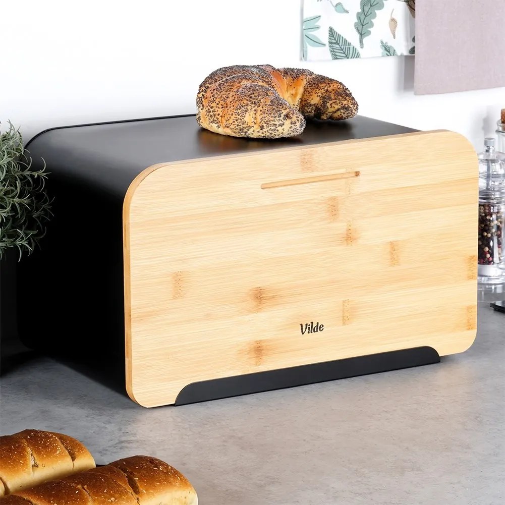 Метална кутия за хляб с бамбуков капак, черен мат, 35x22x20.5см