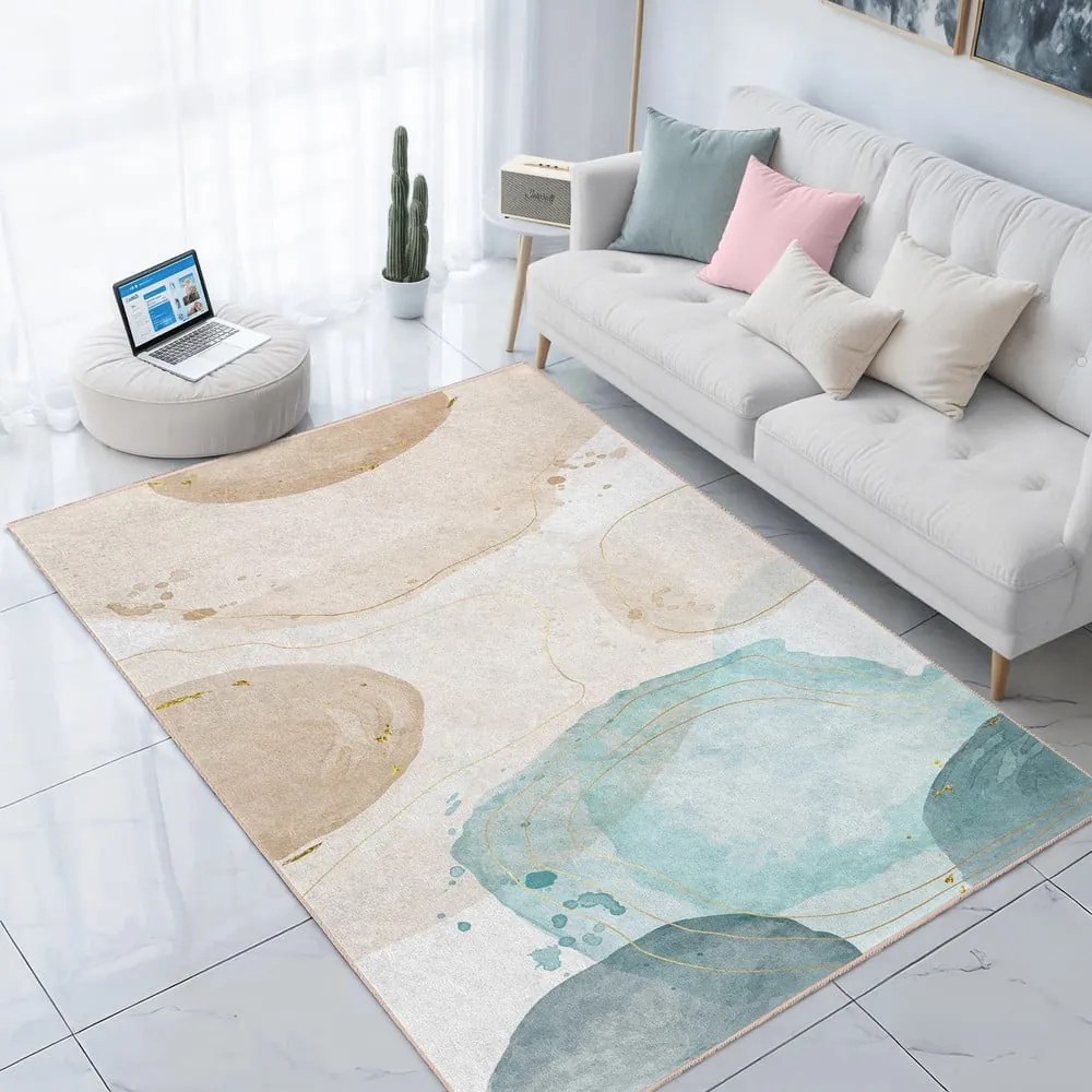 Кремаво-тюркоазен килим подходящ за пране 80x150 cm Puddle – Mila Home