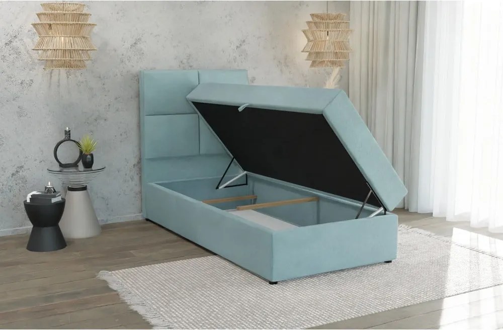 Светлосиньо единично тапицирано легло с място за съхранение с включена подматрачна рамка 90x200 cm Lena – Ropez