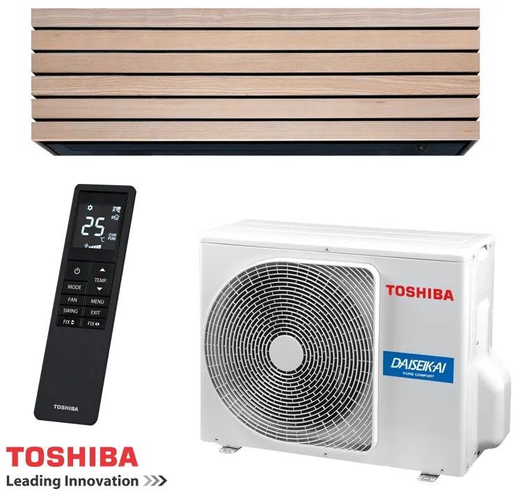 Инверторен климатик Toshiba Super Daiseikai 10 WOOD RAS-B13S4KVDG-E / RAS-13S4AVPG-E, 13000 BTU, 25 м2, А+++, Wi-Fi, R-32, Декоративен дизайн, Кафяв