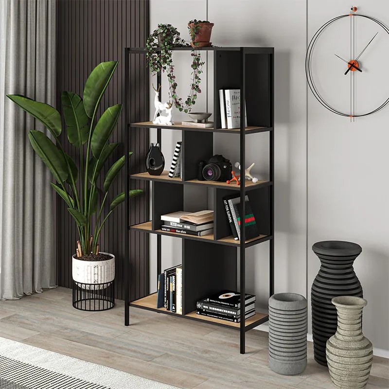 Книжна рафт Midi от меламин в копринен черен - сапфирен дъб 88x35x175см.