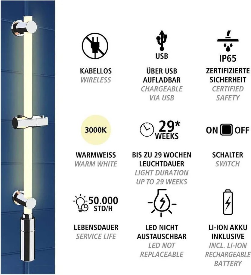 Стенна душ релса в сребрист цвят 74 cm LED – Wenko