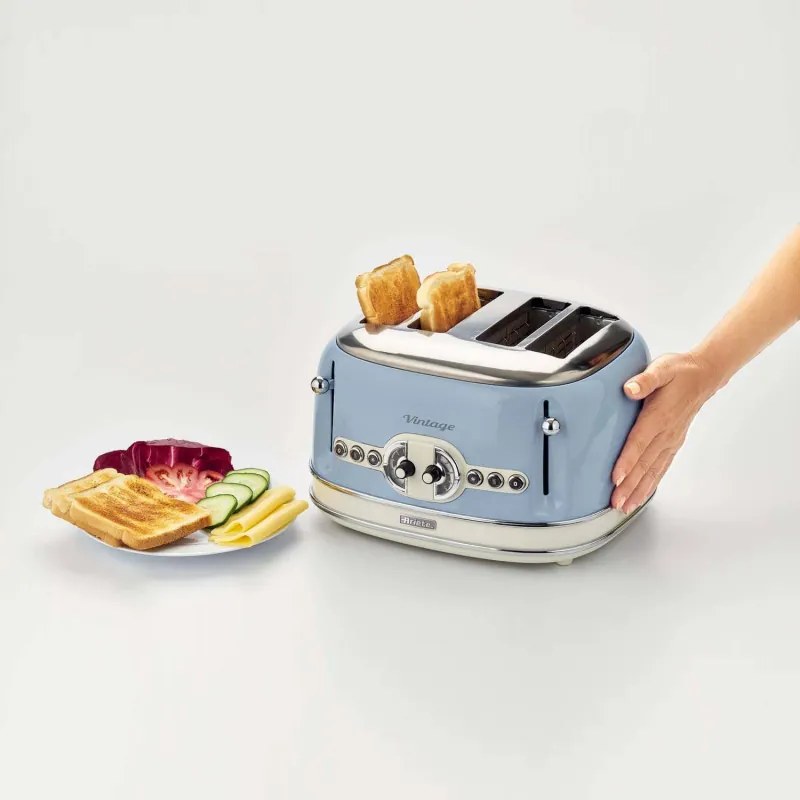 Тостер за хляб Ariete VINTAGE 0156/05, 1600W, 4 филии, 3 функции, 6 степени, Подвижна тава за трохи, Син