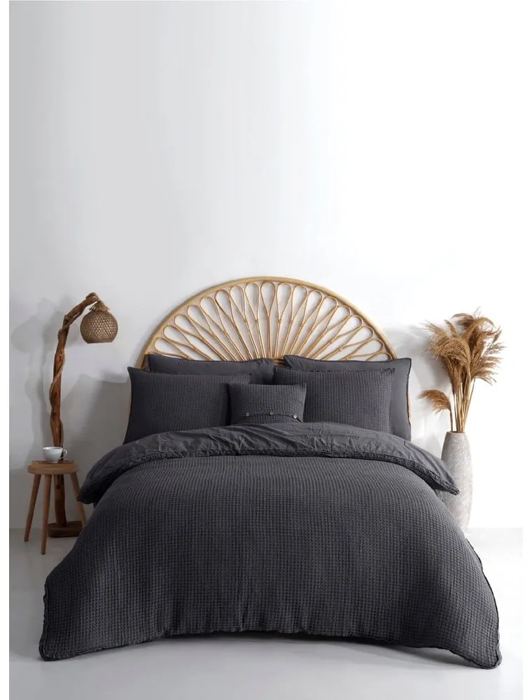 Антрацитно двойно удължено спално бельо от памук Renforcé 240x220 cm Waffle Striped – Mila Home Luxury
