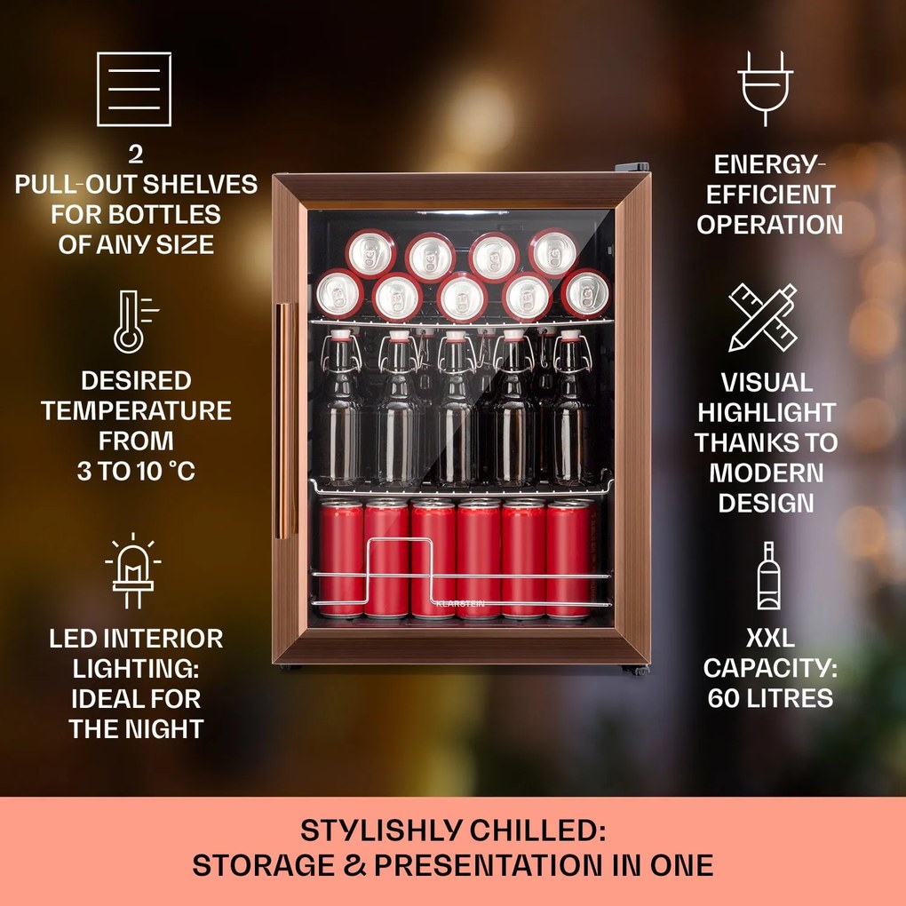 Klarstein Beersafe XL, хладилник, 60 литра, 2 рафта, панорамна стъклена врата, неръждаема стомана