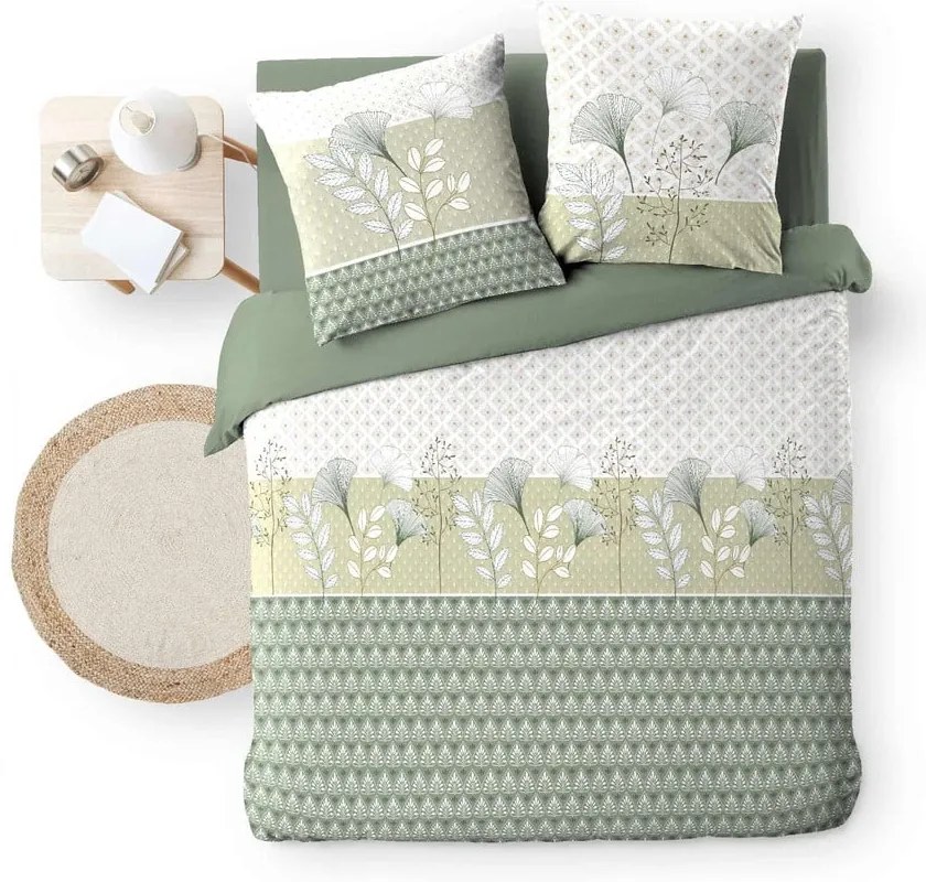 Бяло/зелено двойно удължено памучно спално бельо 240x220 cm Poetine – douceur d'intérieur