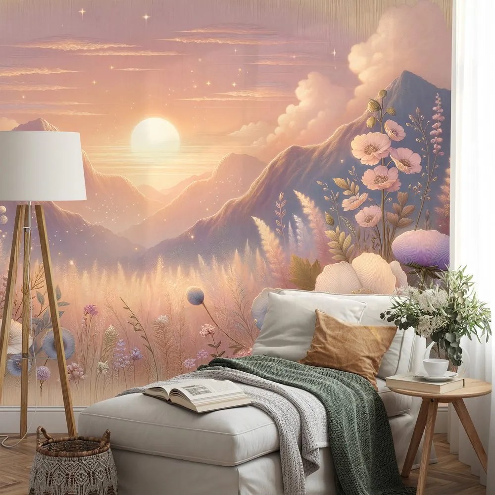 Тапет – Пастелен пейзаж с цветя при залез