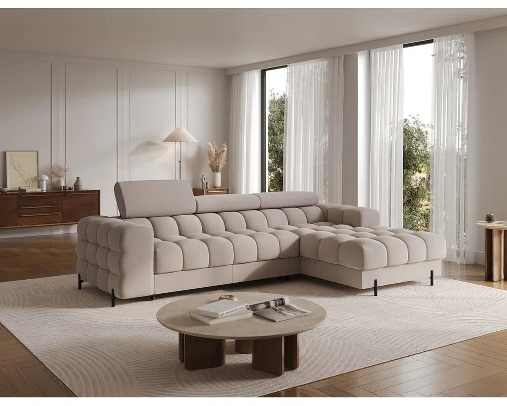 Бежов кадифен сгъваем/с място за съхранение ъглов диван (десен ъгъл) Felro – ELTAP