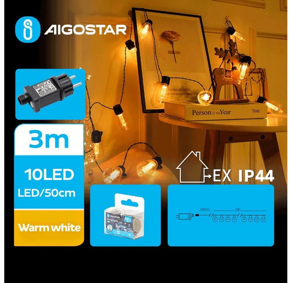 Aigostar - LED външна декоративна гирлянда 10xLED/3m IP44 топло бяло