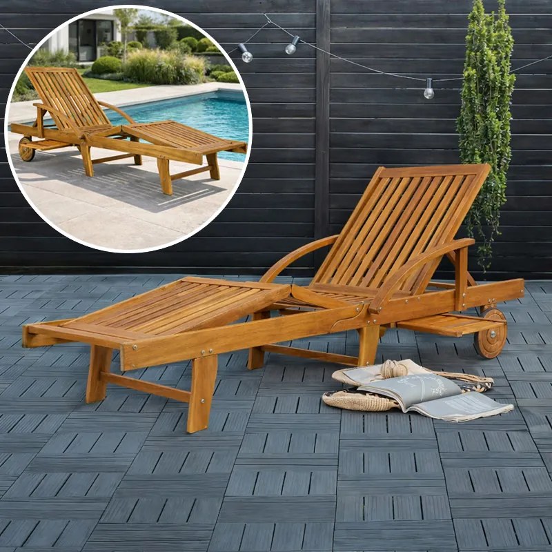 Градински шезлонг с колела и издърпваща се масичка 195,5 x 69 x 85 cm