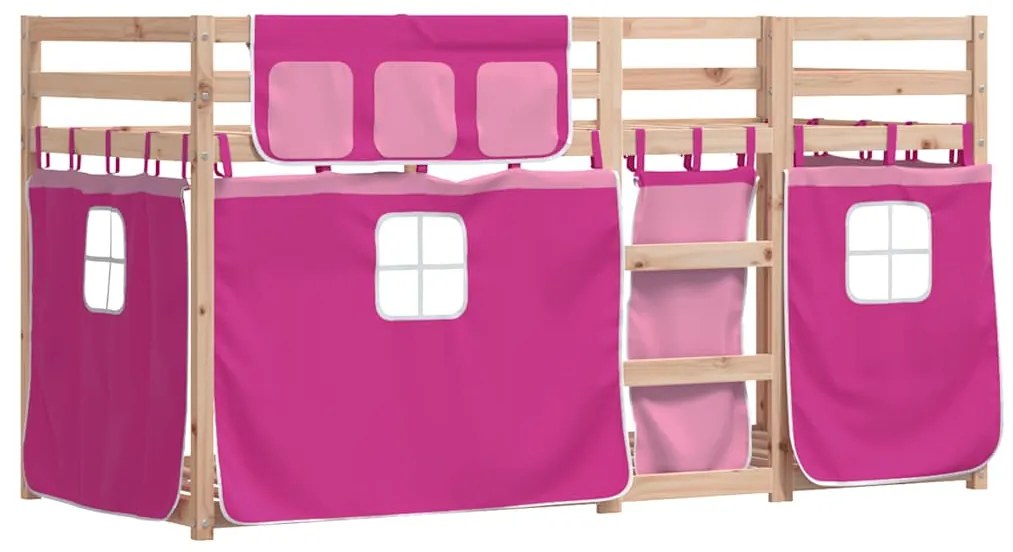 3283930 vidaXL Двуетажно легло със завеси розово 90x200 см масивен бор масив