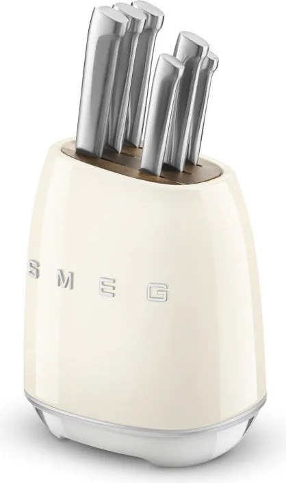 Комплект ножове със стойка SMEG KBSF02CR, 7 части, Слотове от акациево дърво, Немска неръждаема стомана, Крема