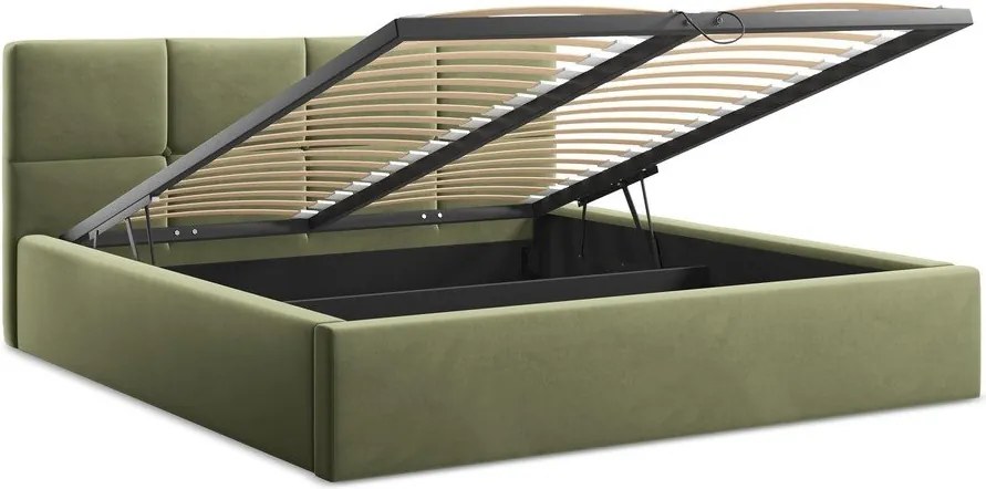 Зелено кадифено двойно легло 140x200 cm тапицирано с място за съхранение и включена подматрачна рамка Hiko – Makamii