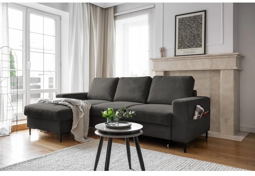 Тъмносив разтегателен ъглов диван от рипсено кадифе (ляв ъгъл) Lofty Lilly – Miuform