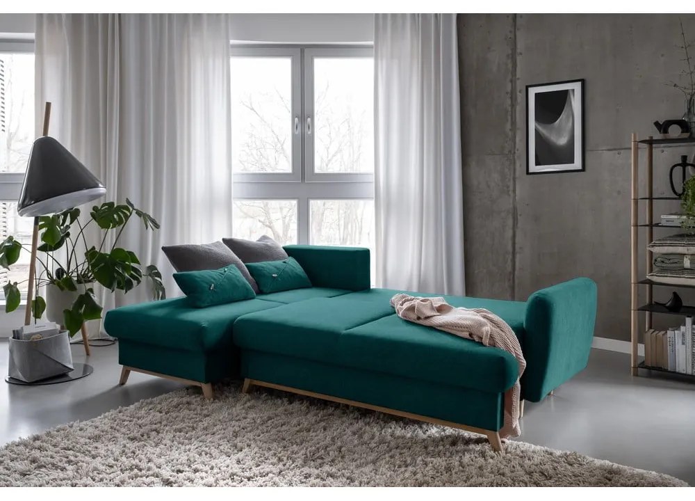 Тюркоазен разтегателен/с място за съхранение ъглов диван (ляв ъгъл) Scandic Lagom – Miuform