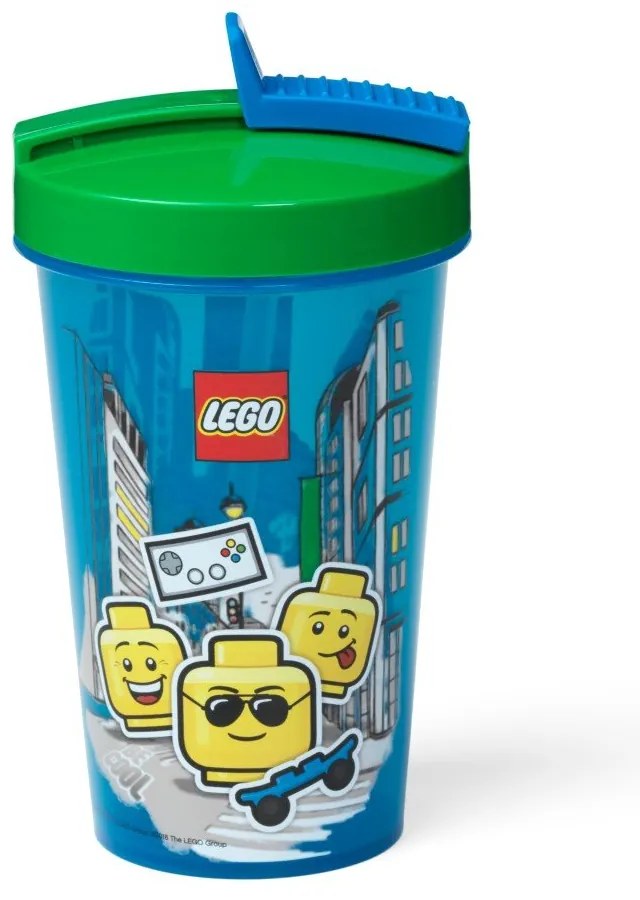 Синя чаша със зелен капак и сламка , 500 ml Iconic - LEGO®