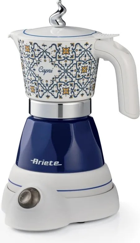Електрическа кафеварка Ariete Moka Vintage Capri 1358/1C, 400W, 4 чаши, Безжична употреба, Въртяща се на 360 градуса основа, Бял/Син