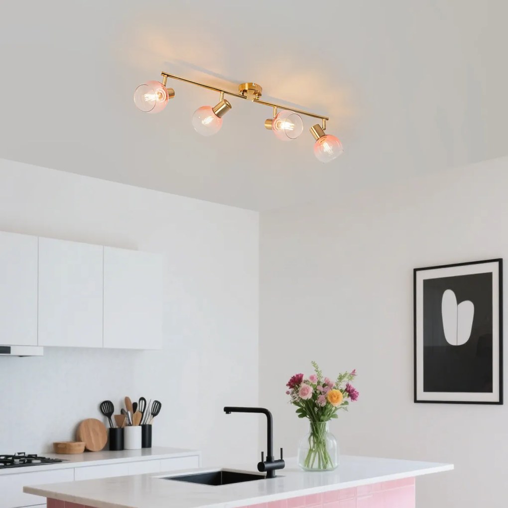 Арт Деко прожектор златен с розово стъкло 4-светлина - Vidro