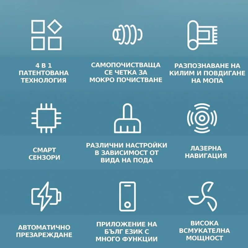 Прахосмукачка робот Tecbot M1, Li-ion 5200 mAh, 4000 Pa, 0.5 l, HEPA, Wi-Fi, Автономност до 160 мин, Подомиячка със самопочистващ моп, Черен