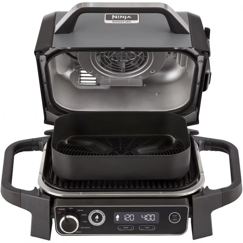 Електрическа скара опушвач Ninja OG701EU, 2400W, До 260C, Вътрепно аминово керамично покритие, Woodfire, Сив