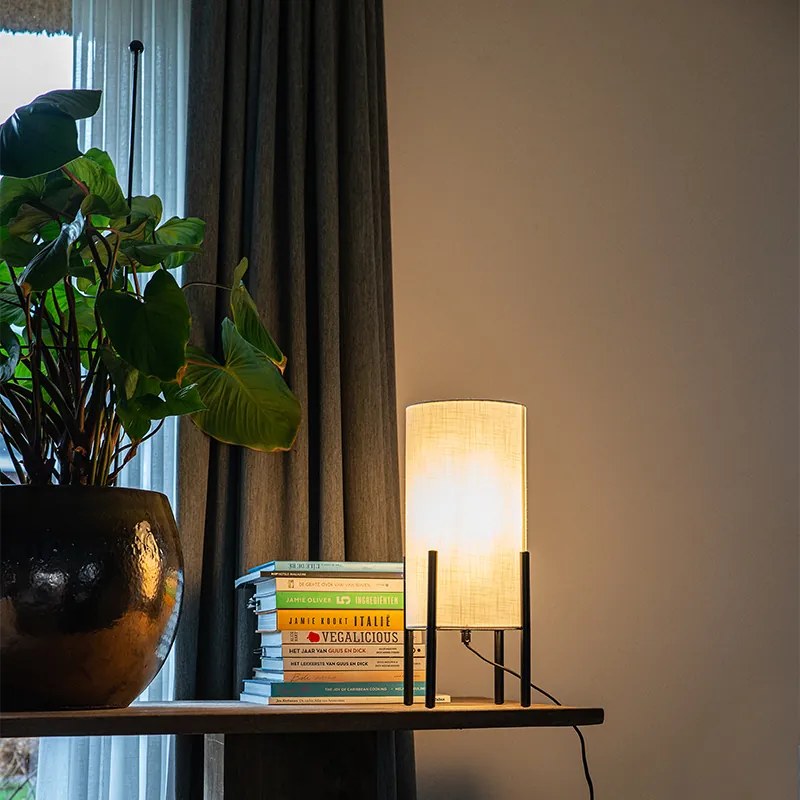 Модерна настолна лампа черна с ленена бяла абажура - Rich