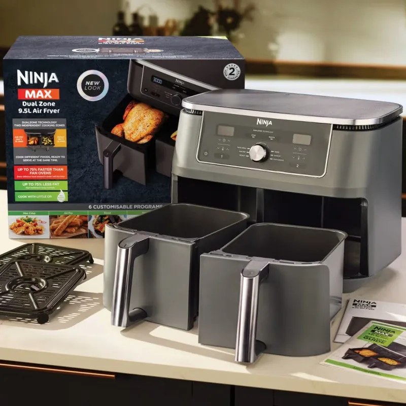 Двоен фритюрник с горещ въздух Ninja DZ400EU, 9.5 л, 6 програми, Таймер, Независими зони, Сив