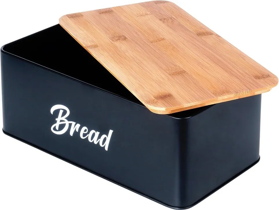 Комплект кутия за хляб и 3 буркани за съхранение на кафе, чай и захар, черен метал и бамбуково дърво