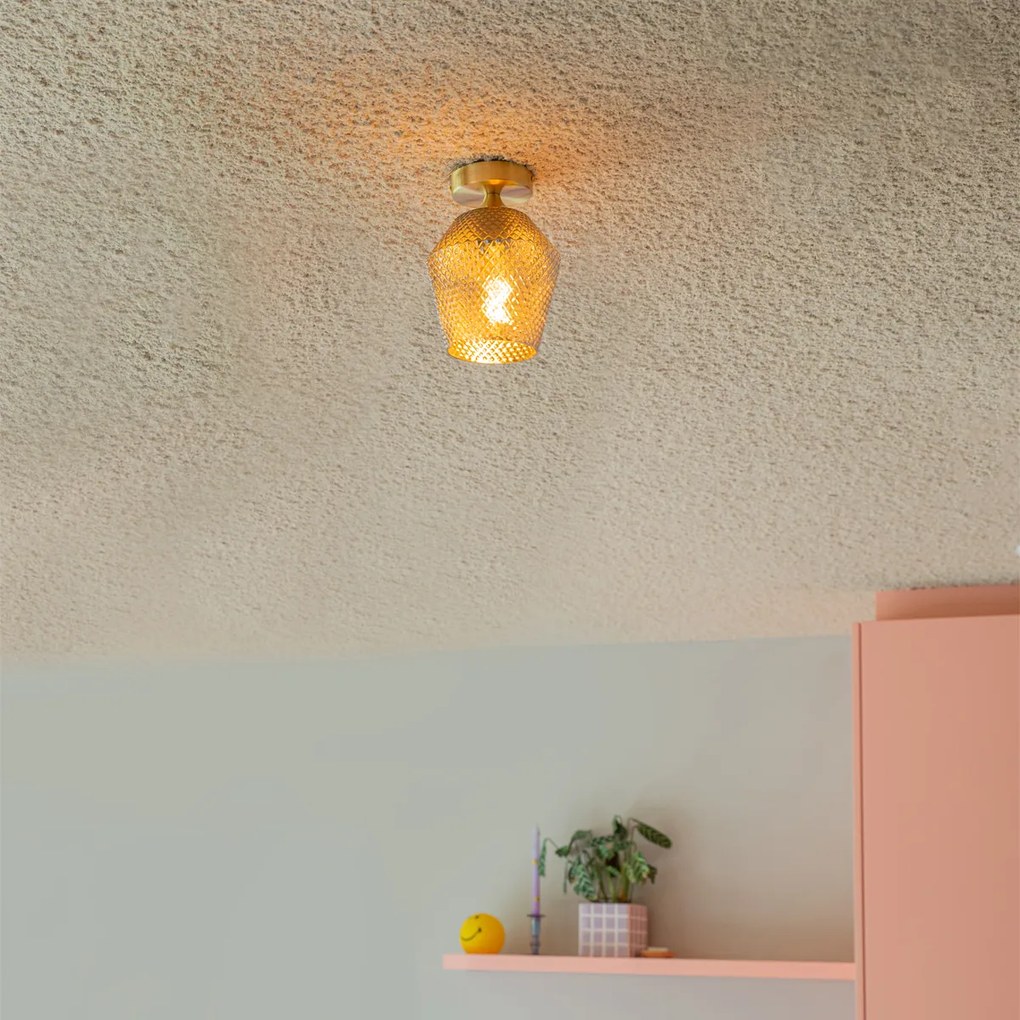 Таванна лампа в стил арт деко месинг с опушено стъкло - Karce