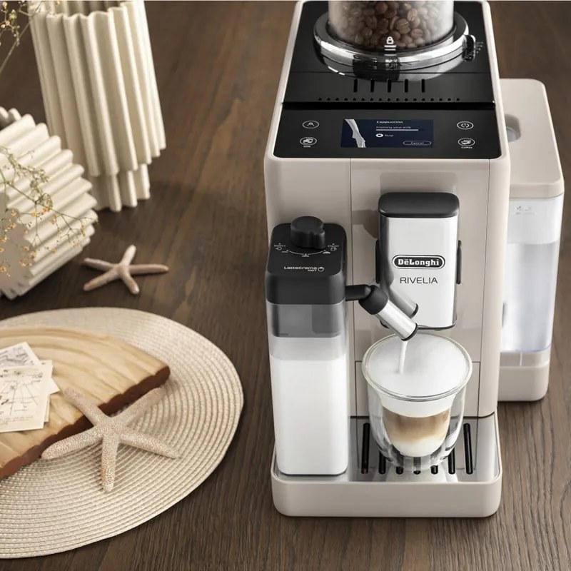 Еспресо машина DeLonghi Rivelia Sand Beige EXAM440.55.BG, 1450W, 19 bar, 1.4l, Тъчскрийн TFT, Twin Shot, Bean Adapt, LatteCrema Hot, 17 напитки, Бежов