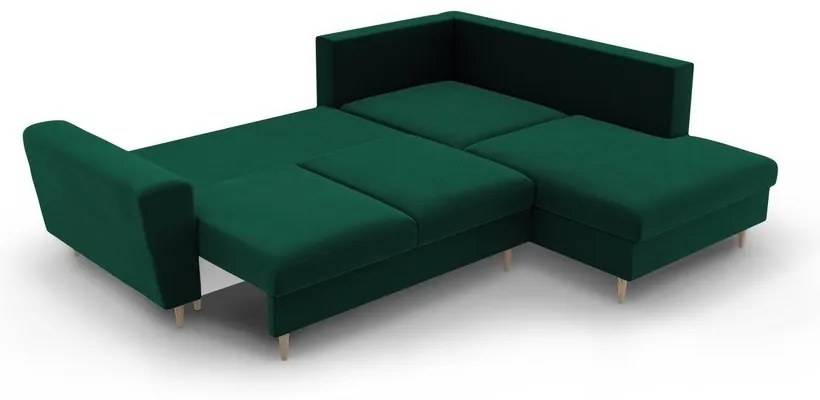Зелен кадифен разтегателен ъглов диван с място за съхранение (десен ъгъл/L форма) Kyoto – Cosmopolitan Design