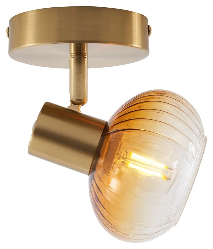 Модерен таванен прожектор златен с кръгло кехлибарено стъкло - Теди