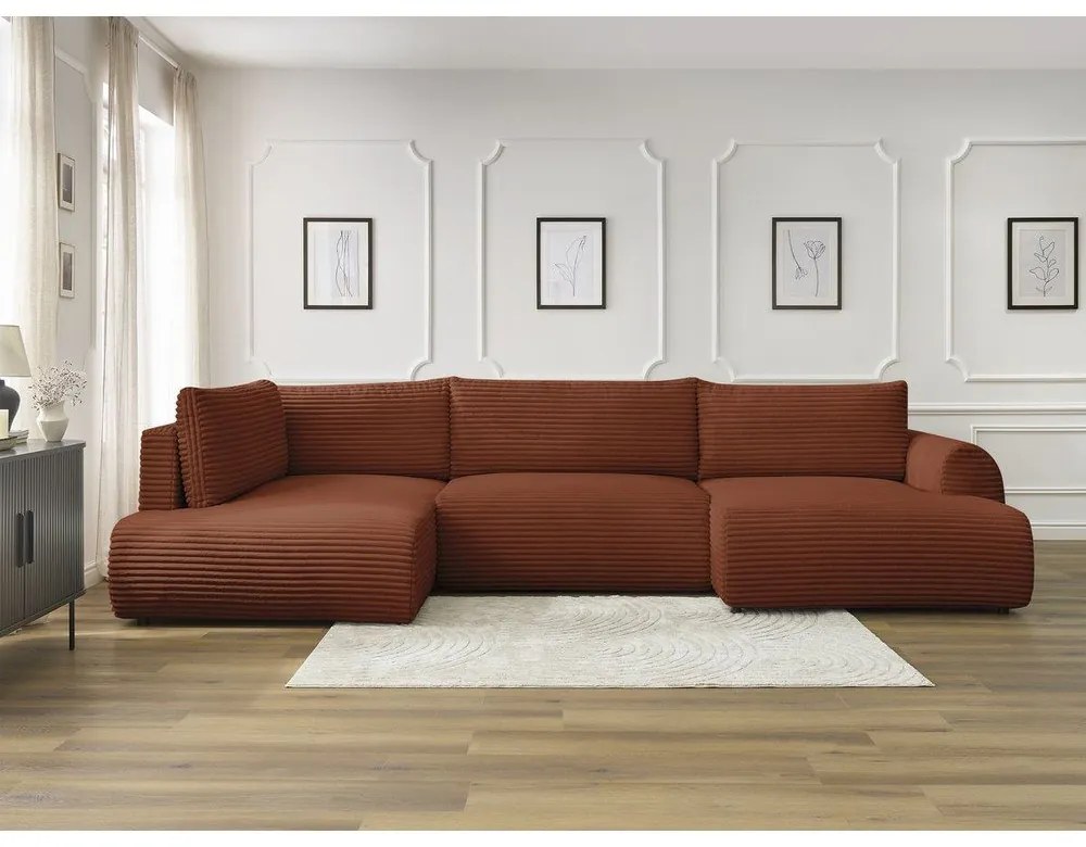 Сгъваем/с място за съхранение ъглов диван от рипсено кадифе в тухлен цвят (ляв ъгъл/U форма) Lucien – Bobochic Paris