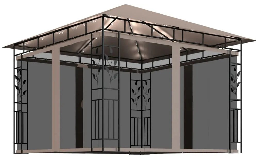 Шатра с мрежа срещу комари и LED стрингове 3x3x2,73 м таупе