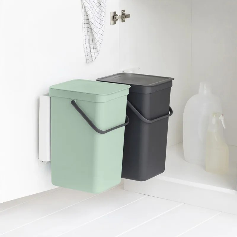 Кош за разделно събиране на боклук Brabantia Sort&Go 1005518, 2x16 л, Монтаж върху врата на кухненски шкаф, Сив/зелен