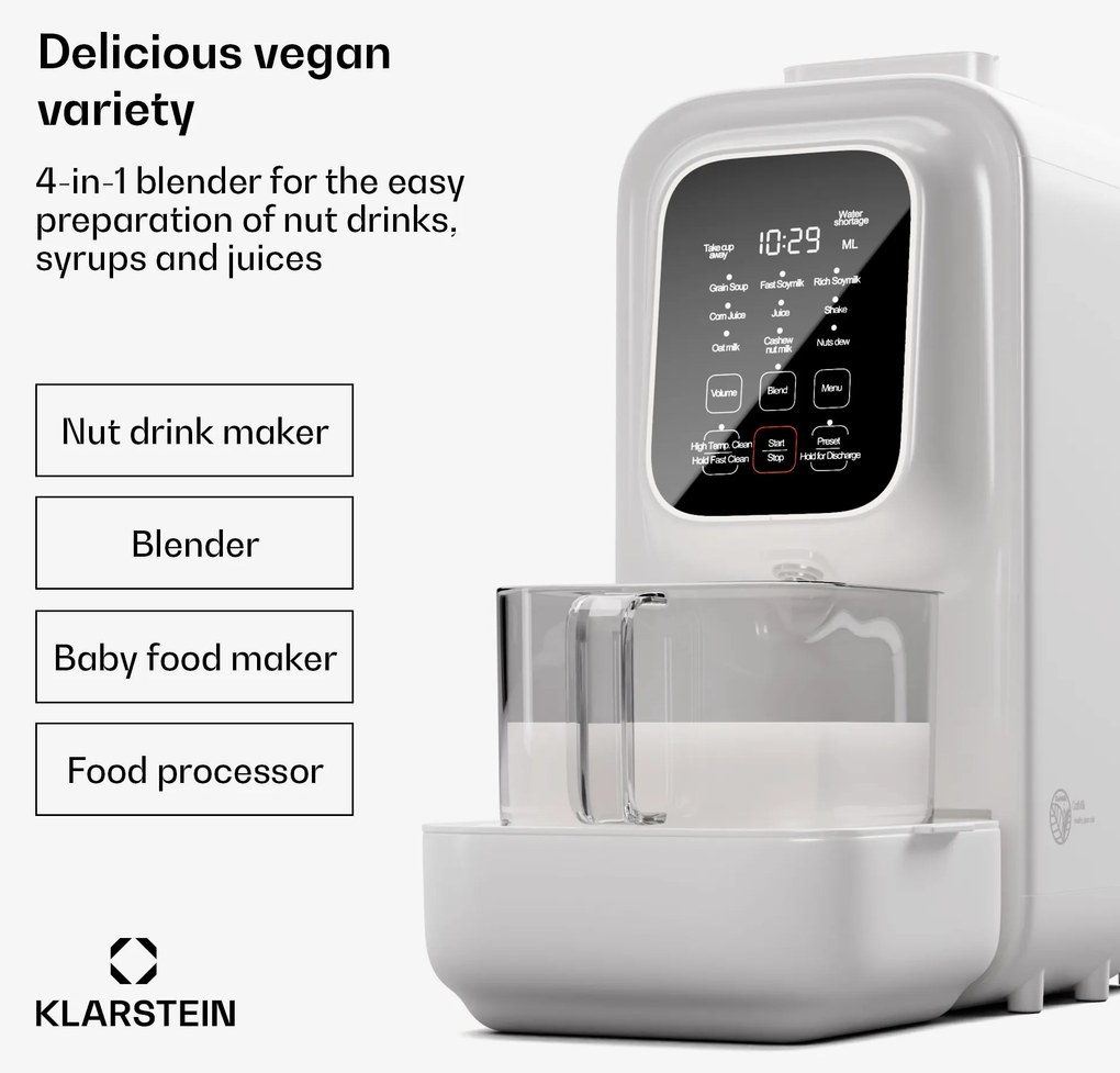 Klarstein Loire 4 в 1, уред за приготвяне на вегански напитки, 800/1200 W, 1200 ml, сензорно управление, подвижен резервоар за вода